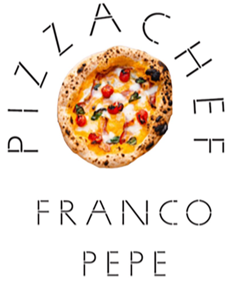 Pizza Chef logo featuring a Neapolitan-style pizza in the centre, with “PIZZA CHEF” around it and the name “FRANCO PEPE” below on a white background.