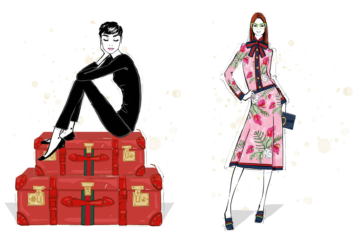 Dos ejemplos de las ilustraciones en el libro Gucci: Audrey Hapburn sobre el equipaje rojo y el diseño Floral.
