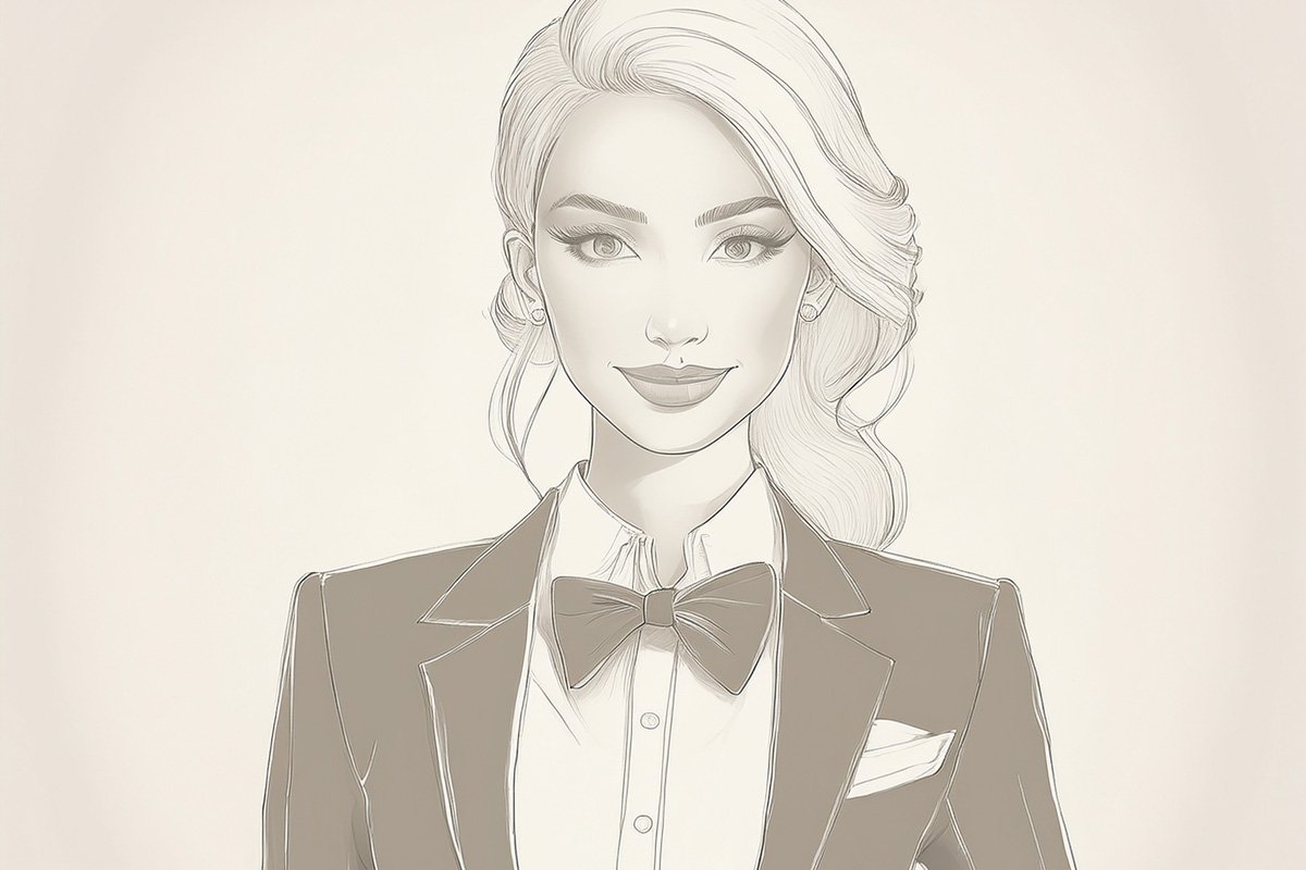 Elegant pencil-style portrait of a woman in a tuxedo with a bow tie. Synthetic image.