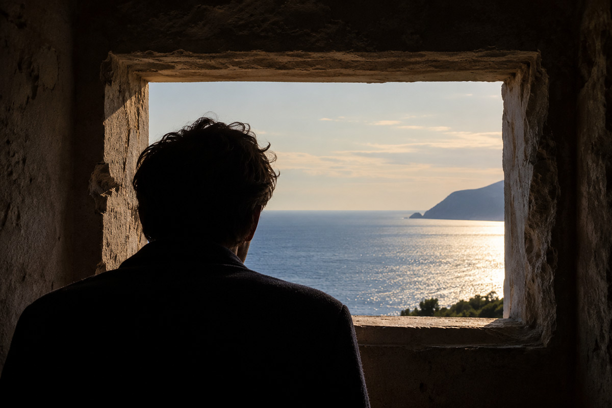 Silueta de un hombre de espaldas asomado a una ventana de piedra que enmarca el mar en calma al atardecer, con un cabo recortándose a la derecha y el sol reflejándose sobre el agua.
