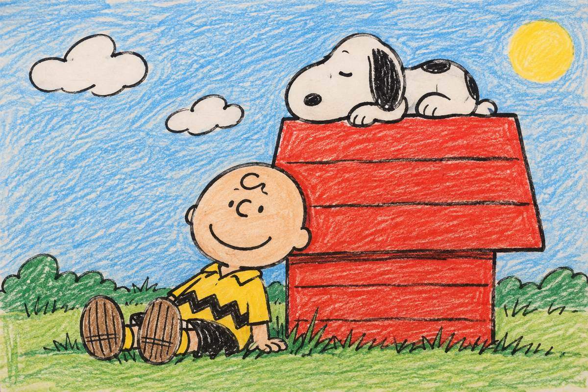 Dibujo a lápiz de colores de Charlie Brown, sonriente y sentado en la hierba apoyado en la caseta roja de Snoopy, con Snoopy durmiendo sobre el tejado, bajo un cielo azul con nubes y sol.