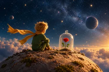 Illustration of a fair-haired boy in a scarf, seen from behind, sitting on a small asteroid and gazing at a red rose protected by a glass dome, under a starry sky with planets.