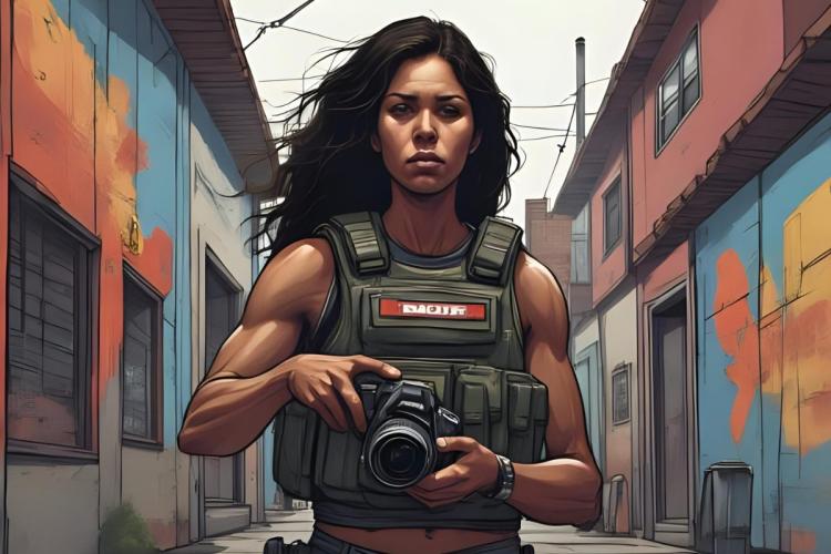Representación artística de una mujer como corresponsal de guerra, imagen generada por AI.