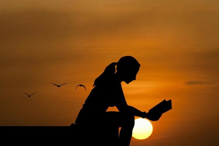 Una mujer parece leer un libro al atardecer, con poca luz, casi en la puesta del sol.