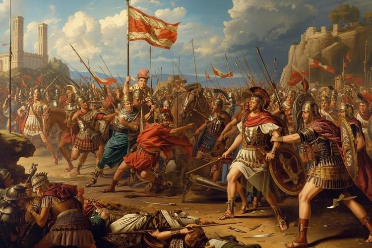 Un detallado cuadro histórico que representa a Julio César al mando de las legiones romanas durante la conquista de la Galia, con especial atención a las maniobras estratégicas y la majestuosidad de la formación militar romana. La escena debe plasmar la intensidad de la batalla con una clara representación de los soldados disciplinados, sus armaduras y el agreste paisaje galo.
