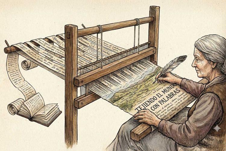 Tejiendo el mundo con palabras, una representación artística - generada con IA.