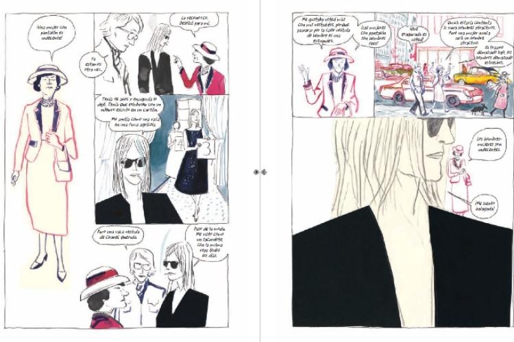 Two-page fashion comic with stylish women, city scenes, and Spanish speech bubbles.