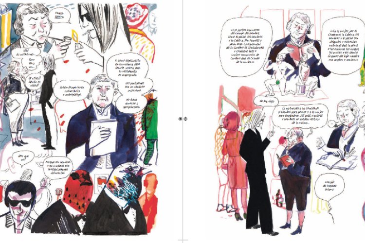 Doble página de cómic ilustrado con dibujos sueltos en tinta y acuarela de personas vestidas de manera formal que conversan, leen y fuman, rodeadas de globos de diálogo y notas escritas a mano.