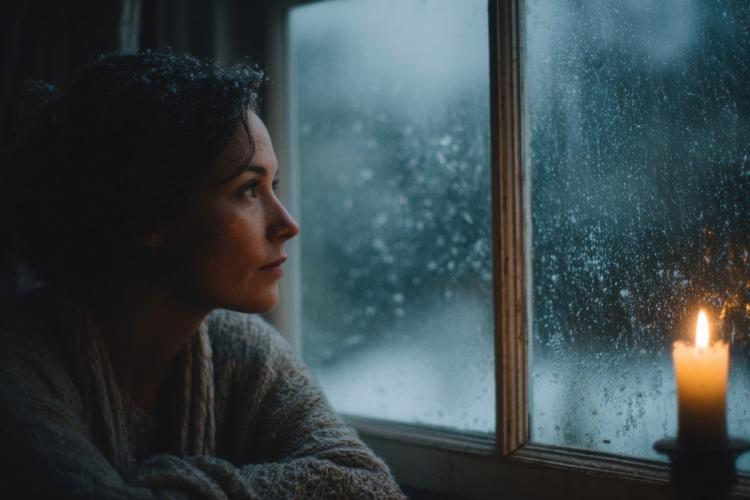 Woman sitting beside a rain-covered window, illuminated by the warm glow of a candle.