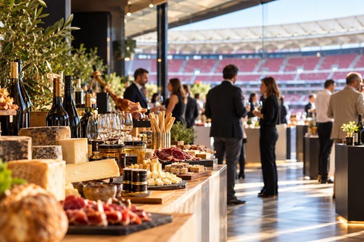 Table of Spanish cheeses, cured ham, charcuterie and wine in the foreground, with well-dressed guests networking in a sunlit stadium hospitality area behind